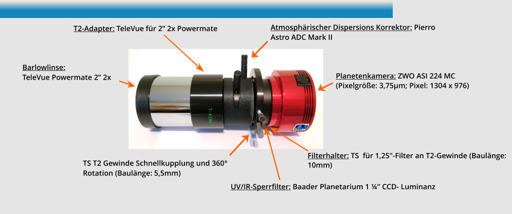 Planetenkamera: ZWO ASI 224 MC (Pixelgröße: 3,75µm; Pixel: 1304 x 976)  Barlowlinse:                            TeleVue Powermate 2” 2x  T2-Adapter: TeleVue für 2” 2x Powermate UV/IR-Sperrfilter: Baader Planetarium 1 ¼” CCD- Luminanz  Atmosphärischer Dispersions Korrektor: Pierro Astro ADC Mark II Filterhalter: TS  für 1,25"-Filter an T2-Gewinde (Baulänge: 10mm) TS T2 Gewinde Schnellkupplung und 360° Rotation (Baulänge: 5,5mm)